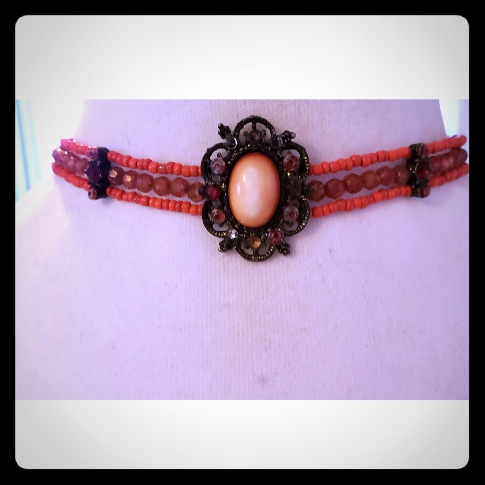 11-13 1/4” 3 Strand Rhinestones & Cabochon Choker